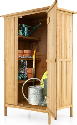 Image de COSTWAY Armoire de jardin en bois, abri de jardin avec toit en asphalte, 3 étagères, 5 crochets & porte verrouillable, abri de jardin, Outdoor Gardenhouse, 91 x 66 x 150 cm