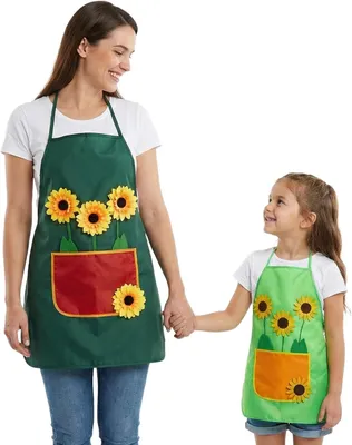 Imagen del producto de Delantal de jardinería con estampado de girasoles, ajustable, de 2 piezas, con bolsillos, para adultos y niños