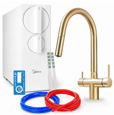 Immagine prodotto di Sistema di filtraggio dell'acqua a osmosi inversa Ari Slender, 800 GPD, rubinetto da cucina, miscelatore a due maniglie, cartuccia in Vetroceramica, aeratore, ottone, finitura oro spazzolato