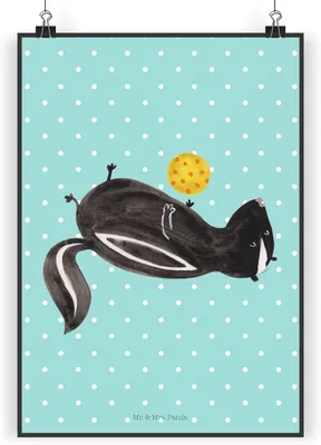 Produktbild von Mr. & Mrs. Panda Bild Stinktier Ball DIN A4 - Türkis Pastell - Geschenk, Wildtier, drucke, Stinki, Wandbild, wanddeko, Kunstdruck, Plakat, Skunk, Raubtier, Weisheit
