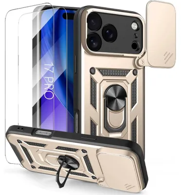 Image de Coque + 2 Verres Trempés pour iPhone 17 Pro, Protection avec Anneau et Cache Caméra Coulissant - Doré