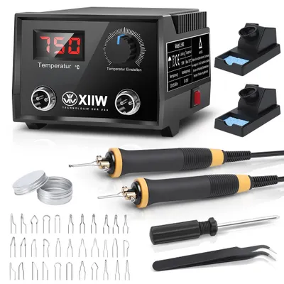 Produktbild von Brandmalerei 100W mit 33 Drahtfedern & 2 Stift Einstellbar 0-750°C Lötkolben Holzbrenner Brennkolben Brandmalstation Brandmalgeräte für Holz Leder