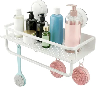 Immagine prodotto di Mensola per doccia senza foratura - Scaffale in acciaio inossidabile per la doccia, con ventosa e ganci - Organizzatore per il bagno - Pratica mensola per doccia, senza necessità di foratura