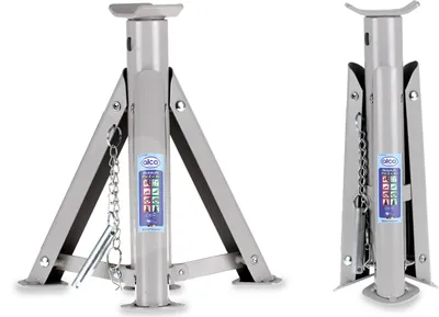 Produktbild von alca® Unterstellbock 3t klappbar I Auto Stützbock Set (2 Stück), faltbar, 3-fach höhenverstellbar mit Sicherheitsstift, Gewicht 2,0kg je Bock, Höhe 290–405 mm, aus Stahl, silber-grau