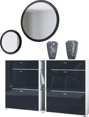 Produktbild von Vladon Garderoben-Set Florence mit Schuhschrank und 2 Wandspiegel,  GERMANY, Weiß matt/Schwarz Hochglanz