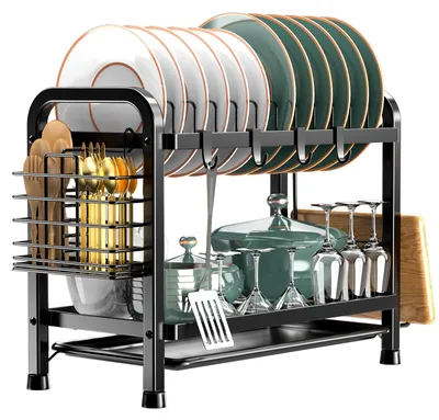 Image de Égouttoir, égouttoir à deux niveaux, noir, égouttoir en acier inoxydable avec porte-couverts et bac d'égouttage, égouttoir pour évier (41 × 20 × 34 cm)