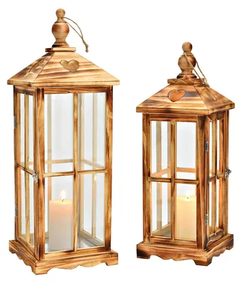 Productafbeelding van Lantaarnset van hout en glas, bruin, 2-delig, (B/H/D) 22x62x22cm 16x45x16cm