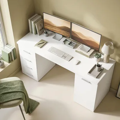 Produktbild von SUGIFT Schreibtisch mit 4 Schubladen und Schrank, Computertisch Bürotisch Arbeitstisch, MDF, Weiß | 140 x 48 x 75 cm | 21,25 kg | mit Stauraum