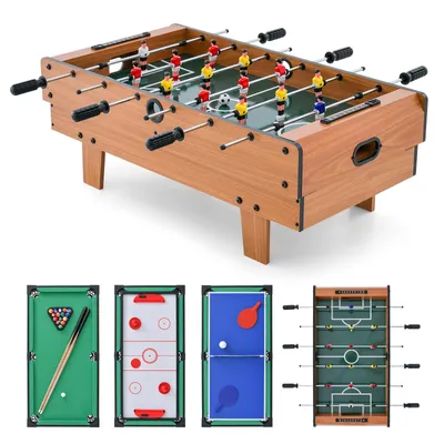 A collage of a foosball table and four smaller game tables: a billiards table, an air hockey table, a table tennis table, and another foosball table.