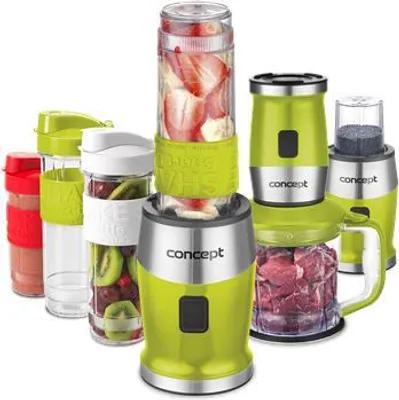 A collection of kitchen appliances, including blenders and cups, with fruits and meat displayed.