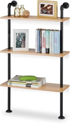 Produktbild von Famanu Wandregal industrielles Design Holz Metall 1125x60x24 cm natur - 3 Regale