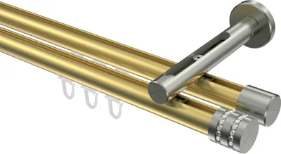 Produktbild von Interdeco Innenlaufstange / Gardinenstange mit Innenlauf Messing-Optik / Edelstahl-Optik, Typ Siteno Estana (Glitzerkappe), 20 mm Ø 2-läufig, 120 cm