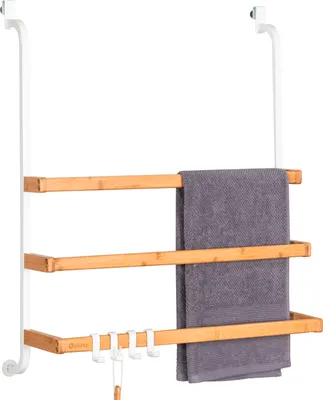 Produktbild von eluno Handtuchhalter für die Glasduschwand mit 3 Handtuchstangen aus Metall und Bambus, weiß