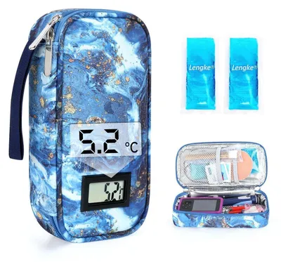 Produktbild von Kühltasche für Insulin mit Temperaturanzeige und 2 Kühlakkus, Wüstengold