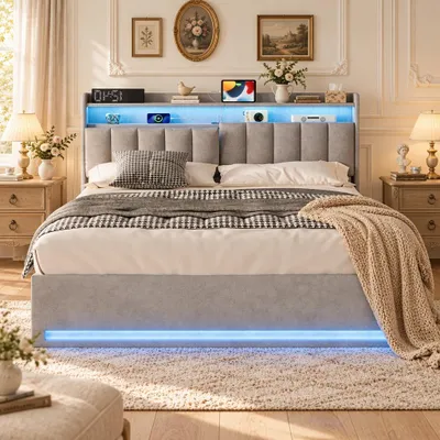 Imagen del producto de Cama tapizada BPKADHY de 140x190 cm con LED, USB, espacio de almacenamiento, cama doble, cama juvenil con cajón, somier, espacio de almacenamiento hidráulico, color gris terciopelo