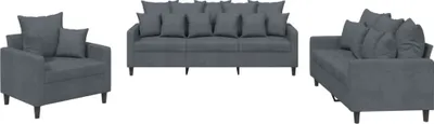 A set of three grey upholstered furniture pieces: an armchair, a sofa, and a loveseat, arranged against a white background.