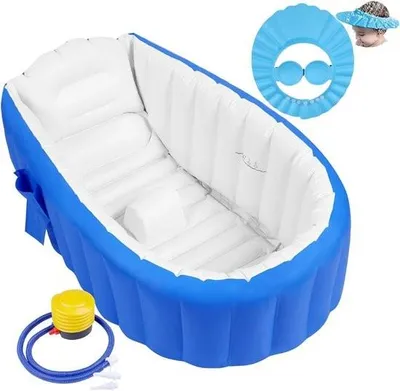 An inflatable bathtub with a pump and a shower cap.