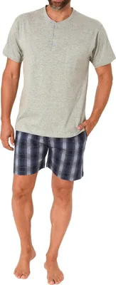 Produktbild von Normann Herren Kurzarm Schlafanzug Shorty mit karierter Jersey Hose - auch in Übergrössen ; grau-mel. , 54