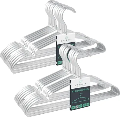 Produktbild von 20x Parusia Kleiderbügel silber,  42cm breit, 1cm stark, Kleiderbügel Metall rostfrei, formstabil, zur platzsparenden Kleideraufbewahrung & Organisation von Kleiderschrank, Kleiderständer