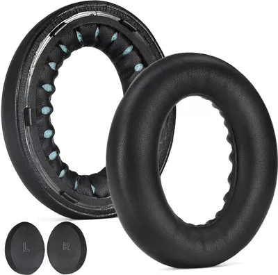 Two black ear pads for headphones and two small circular pieces labeled 'L' and 'R'.