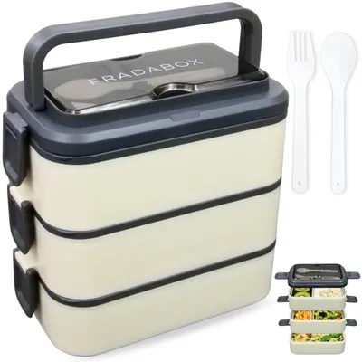 Produktbild von FRADABOX® Bento Lunchbox „Jamie“ 2700ml, 3 Etagen mit Besteck und Fächern, Premium Edelstahl Dose, BPA-freie Brotdose groß, Bento Box für Erwachsene