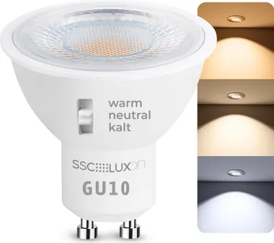 Produktbild von SSC-LUXon LumiFLEX Spot Lampe GU10 LED 5W mit drei einstellbaren Lichtfarben (warmweiß, neutralweiß, kaltweiß) - Reflektor Leuchtmittel
