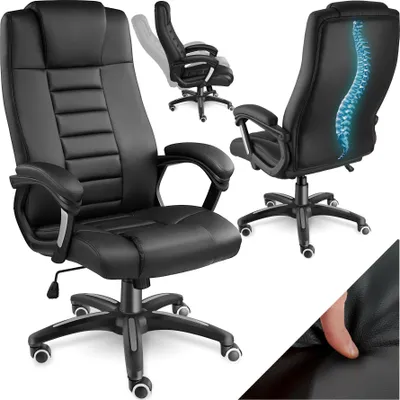 A collage of images showing a black office chair from different angles, including a close-up of the material and a graphic highlighting the ergonomic design.