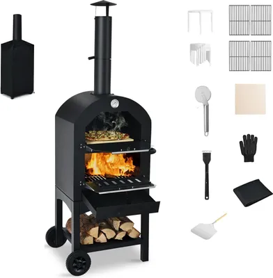 Zdjęcie produktu dla Zewnętrzny piec do pizzy KOMFOTTEU, 2 poziomy, 200 ℃-350 ℃, przenośny żeliwny piec opalany drewnem, mini piekarnik z kamieniem do pizzy, obrotnica do pizzy, stojak do grilla, wodoodporna pokrywa, na imprezy, grille