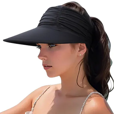 Produktbild von Visor Sonnenhut Damen Breite Krempe Faltbar Pferdeschwanz UV Schutz UPF 50+ Schwarz