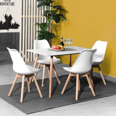 Productafbeelding van Rechthoekige eettafel met 4 Scandinavische stoelen, wit