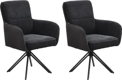Two identical dark gray upholstered chairs with black metal bases are shown against a white background.