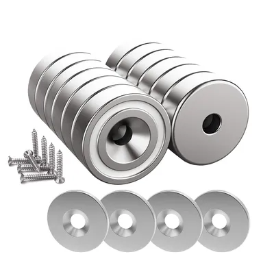 Produktbild von Magnetpro 12 Stück Magnete 10 KG Kraft 20 x 7 mm mit Loch und Kapsel, Senkkopf-Topfmagnet mit Schrauben und 12 Stahlkissen