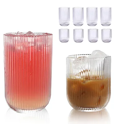 8er-Set gerippte Gläser: 4 Highball 14 oz & 4 Tumbler 9 oz, klar