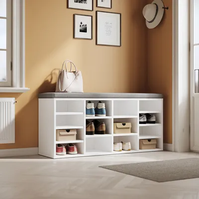 Zdjęcie produktu dla Szafka na buty SONNI białe drewno 103,5 x 30 x 48 cm z poduszką do siedzenia Regulowane przegródki