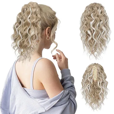 Image de Postiche pour cheveux, queue de cheval, 31 cm, ondulée, bouclée, synthétique, blond très clair avec des mèches blondes plus claires