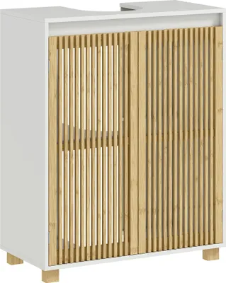 Image de HOMCOM Meuble sous lavabo salle de bain meuble sous vasque armoire de rangement pour lavabo - placard à portes à lattes en bambou, 60 x 30 x 75 cm, effet bois naturel