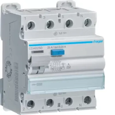 Produktbild von Hager FI-Schalter 4P 10kA 25A 30mA Typ A CDA625D