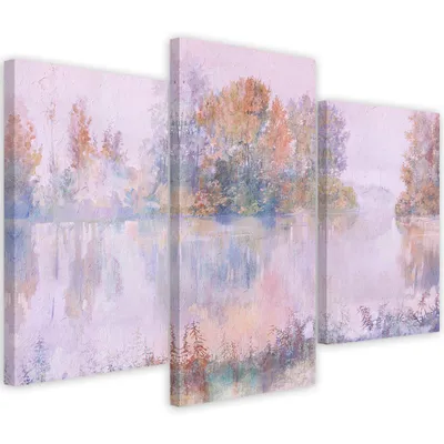 Produktbild von Triptychon auf leinwand blick auf den see 120x80 cm Feeby lila wandbild bereit zum aufhängen