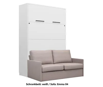 Produktbild von Schrankbett Wandbett Klappbett vertikal GN 140x200 weiß mit LED und Sofa hellgrau