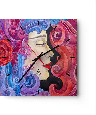 Produktbild von Wanduhr - Quadrat - Glasuhr - Frau Abstraktion - 30x30cm - Schleichendes Uhrwerk - Lautlos - zum Aufhängen bereit - Dekoration Modern - Wanddekoration aus Glas - C3AC30x30-4005