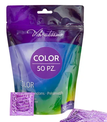 Immagine prodotto di VIBRATISSIMO Preservativi Colorati Confezione da 50 | Ultra Sensibili e Extra Umidi | per Uomini | Pacco di Colorati in rosso, nero, verde, giallo, oro