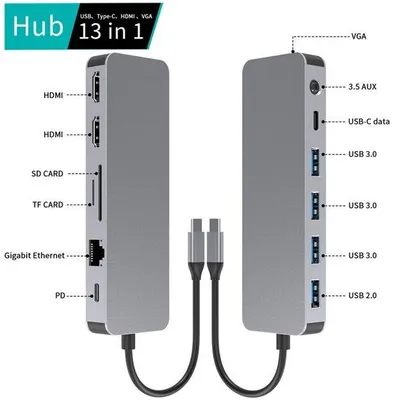 Produktbild von 13-in-1 USB-C-Dockingstation mit 2 HDMI, 4 USB, PD, Gigabit-Ethernet, SD-Karte, TF-Karte, VGA-Anschluss, AUX-Anschluss