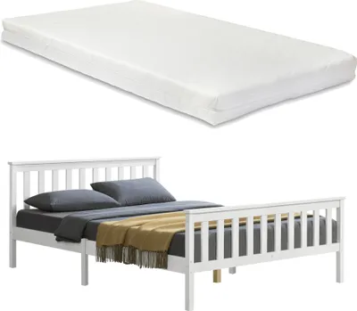 Produktbild von Łóżko drewniane z materacem z zimnej pianki Rama łóżka z wysokim zagłówkiem i stelażem listwowym 160x200 cm Łóżko podwójne Łóżko małżeńskie drewno sosnowe Biały [en.casa]