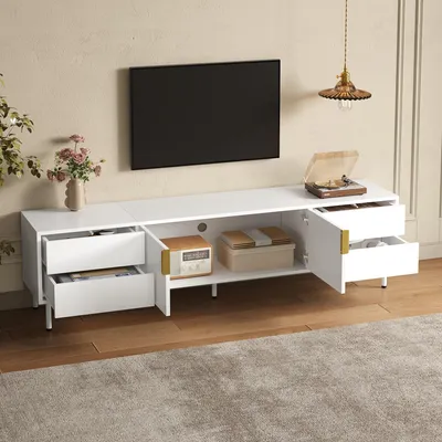 Produktbild von okwish TV-Lowboard mit Schubladen und Riffeltüren,TV-Schrank Metallgriffen,Fernsehbank mit Kabeldurchlass,Weiß