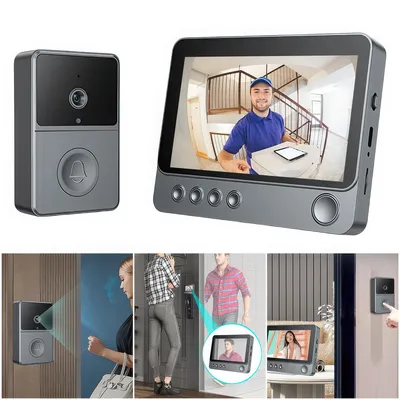 Produktbild von Kabellose Türklingel mit Kamera und Monitor, 1080P HD, 4,3-Zoll Bildschirm, 170° Weitwinkel, Nachtsicht, Gegensprechfunktion, 2-Wege-Audio, Schwarz