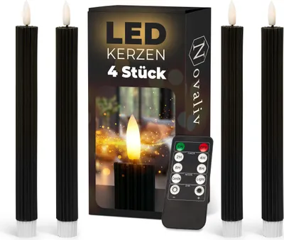 Produktbild von Stabkerzen LED mit Timer SCHWARZ 4 Stück indoor 6 Stunden - ECHTWACHS gerippt 23cm Höhe für Kerzen 2,2cm Durchmesser 2 AAA Batterien notwendig LED Stabkerzen flackernde Flamme bewegliche Flamme Licht