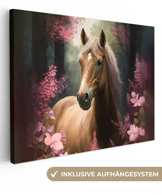 Produktbild von MuchoWow® - Leinwandbilder - Pferd - Blumen - Rosa - Natur - Wald, Wandbild, Wanddeko Bilder Wohnzimmer, 120x90cm