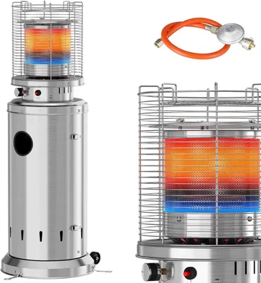 Obrázek produktu pro Plynový ohřívač pro venkovní použití – terasový ohřívač, 6,5 kW – mobilní, s kolečky – dosah ohřevu 3,5 m – výška 125 cm – stříbrná barva