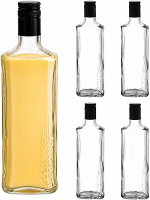 Produktbild von 4 x Glasflasche 250 ml mit Schraubverschluss – Likörflasche mit Kornähren-Motiv, Flasche für Schnaps, Saft, Sirup, Öl & Essig