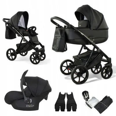 Produktbild von Mommo Evo 3-in-1 Kombikinderwagen Schwarz Kunstleder mit Babyschale